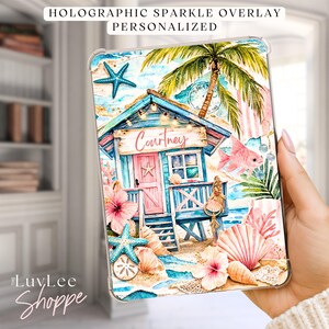 Personalized Coastal Cottage Kindle or Kobo Insert, Beach Shack Watercolor Collage, Holographic Sparkle Overlay