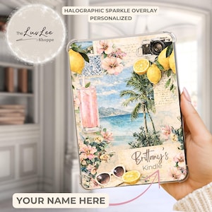 May include: A clear Kindle case featuring a collage of lemons, pink drinks, palm trees, a camera, and sunglasses. The design includes the text "Brittany's Kindle" and a holographic sparkle overlay. The case is personalized with a name.