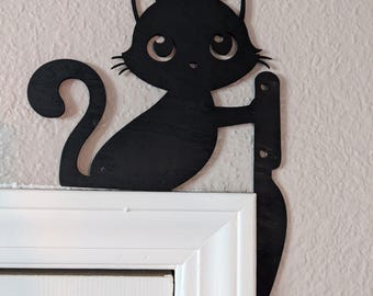 Mina's Stabby Black Cat with Knife Door Topper - Funny Halloween Decor