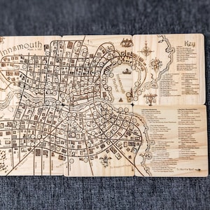 Lovecraft Innsmouth Map Premium Wood Coaster Set, Home Decor, Geek Laser-Engraved, Call of Chulhu, Arkham Asylum, Horror Literature, Mythos