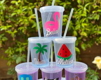 Personalized Summer Tumbler: Flamingo, Watermelon, Sandcastle - Reusable Cup
