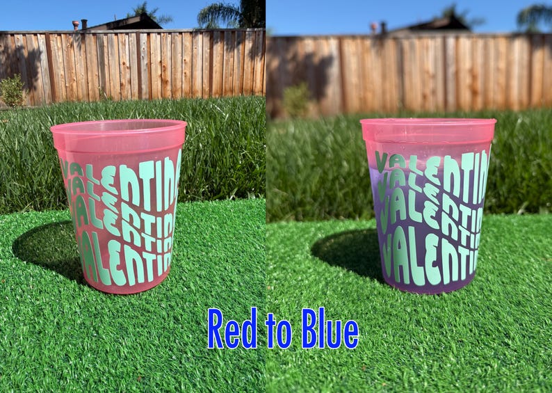 May include: A color-changing plastic cup that transitions from red to blue, featuring the name Valentina repeated in a wavy, stacked light green font. The text Red to Blue is printed at the bottom of the image, highlighting the color shift.