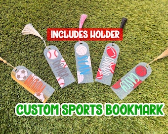 Custom Sports Bookmark with Holder – Personalized Name, Soccer Baseball Volleyball Football Basketball, Tassel Options, Party Favors