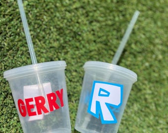 Roblox Party Cup with Custom Name, Personalized Roblox Favor Cup with Lid & Straw, Red or Blue R Logo Kids Birthday Gift