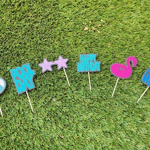 Pool Party Cupcake Toppers: Glitter Flamingo, Sunglasses - Custom Name 6-Piece Set