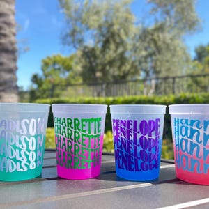 May include: Four translucent plastic cups with repeating names printed in bold, wavy typography. The first cup is teal with white text, the second is hot pink with green text, the third is blue with purple text, and the fourth is coral with blue text.