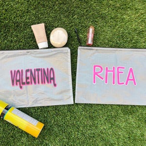 Custom Name Mesh Pouch – Personalized Makeup Bag, Back to School Supply Bag, Bachelorette Gift, Beach or Party Favor