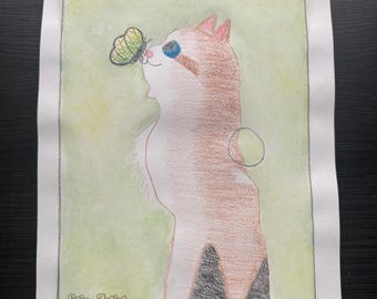 Cat with butterfly watercolor drawing