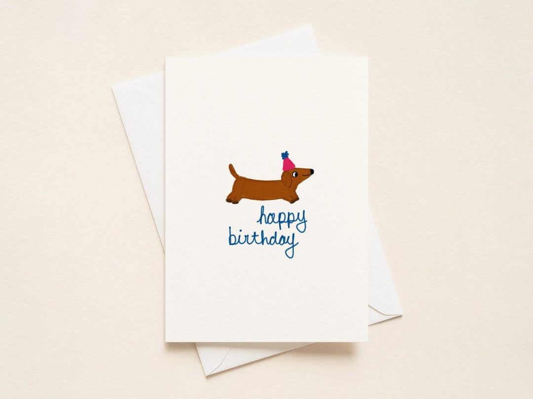 Dachshund Birthday Card, Hand-drawn Sausage Dog Party Hat Greeting (5 ...