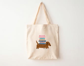 Bolsa de compras em lona com estampa de dachshund, desenhada à mão, para amantes de cães.