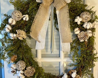 Corona navideña, corona navideña, corona con algodón, corona natural, regalo para ella, decoración de repisa, corona para puerta de entrada, corona neutra, hecha a mano