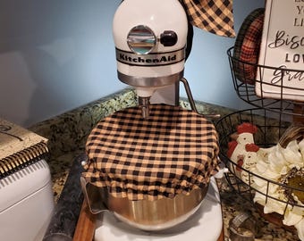 Black and Tan Plaid Reverse Handmade Reversible Mixer Set: Bowl Cover and Bow