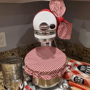 Red Gingham Handmade Reversible Mixer Set: Bowl Cover and Bow