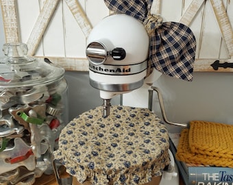 Rustic Navy Handmade Reversible Mixer Set: Bowl Cover and Bow