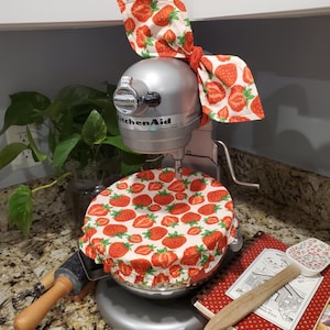 Fresh Strawberries Handmade Reversible Mixer Set: Bowl Cover and Bow