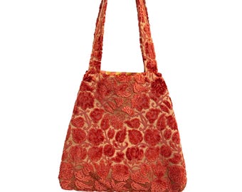 Everyday Tote, Vintage Italian Cut Velvet, Terracotta Floral on Beige