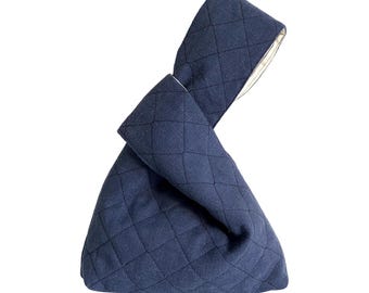 Classic Japanese Knot Bag, Navy Blue/Indigo Quilted Linen