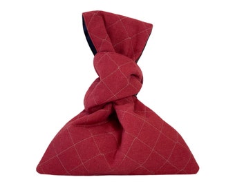 Japanese Knot Bag, Red Quilted Linen, Wool Peruvian Tartan Plaid Lining