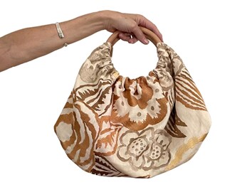 Embroidered Linen Purse, Linen Wood Handle Handbag