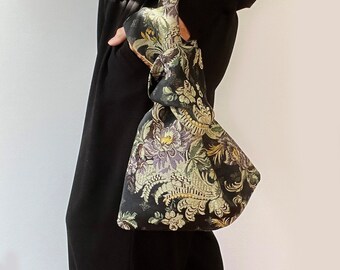 Japanese Knot Bag, Vintage French Silk and Cotton Brocade, Silk Lined