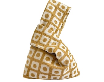 Classic Japanese Knot Bag, Linen and Chenille, Squares and Dots