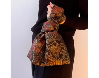 Japanese Knot Bag, Vintage Italian Silk and Metallic Brocade with Asian Inspired Floral Pattern