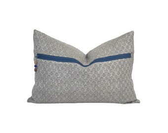 14" x 20" Lumbar Pillow Cover, Blue and tan Basketweave pattern with exposed zipper and beaded zipper pull