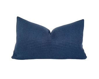 12" x 20" Lumbar Pillow Cover, Blue Plaid Linen