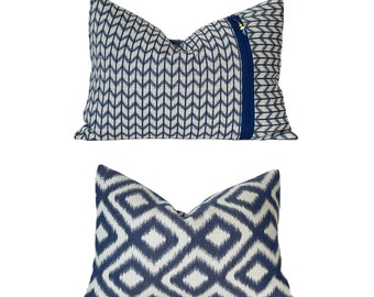 14" x 20" Lumbar Pillow Cover, Indigo and White with Exposed Zipper and Beaded Zipper Pull