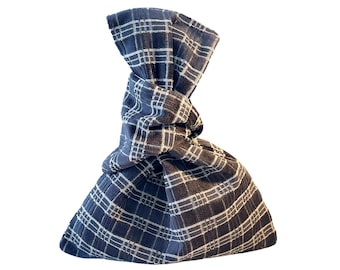 Japanese Knot Bag, Charcoal and Cream Plaid Cut Velvet