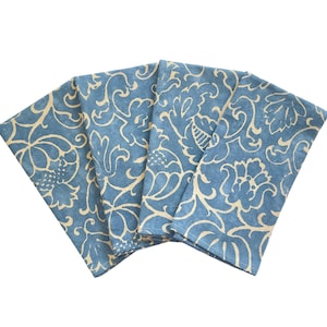 Set of 4 (four) Reusable Cotton Napkins, blue with beige floral motif