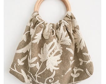 Embroidered Linen Wood Handle Purse