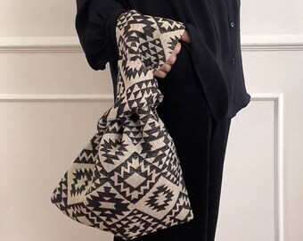 Japanese Knot Bag, Black and Beige Aztec Tribal Patterned Fabric