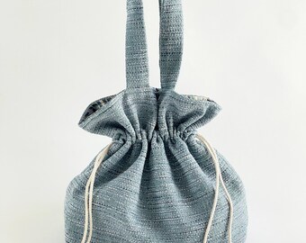 Blue Silk Tweed Drawstring Bag, Silk lined