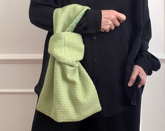 Japanese Knot Bag, Spring Green, Beautifully Textured Woven Cotton in a Diamond Like Pattern, Silk Lined