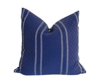 20" square pillow cover, Ralph Lauren Blue Cotton Matelasse with White Stripes, reversible to Ralph Lauren Blue and White Striped Twill back