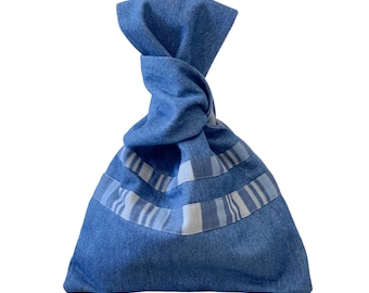 Denim Japanese Knot Bag, with Coastal Blue Striped Lining