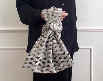 Japanese Knot Bag, Geometric Patterned Cut Velvet in Shades of Gray