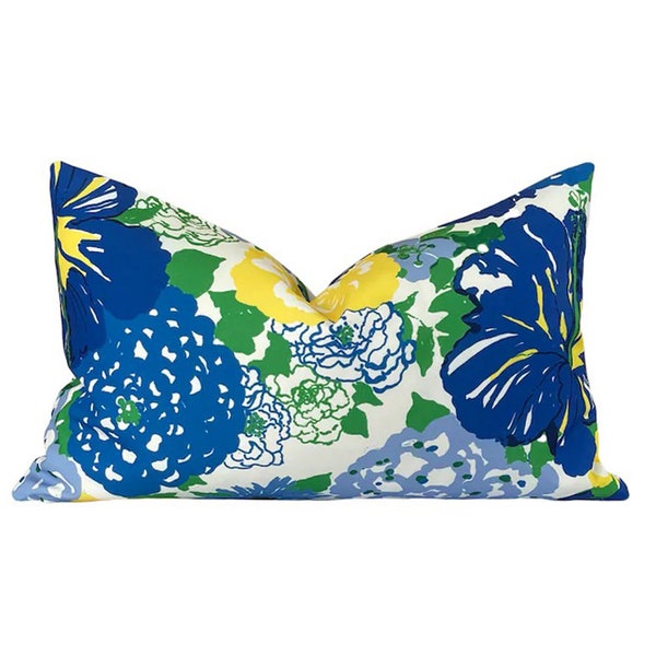 12" x 20" Blue Floral Lumbar Pillow Cover, Lily Pulitzer Blue Floral, Blue and Yellow Floral Pillow Cover