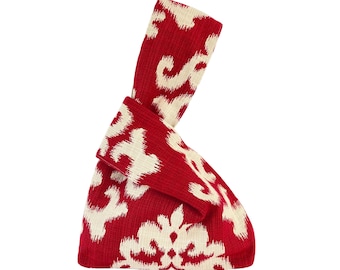 Classic Japanese Knot Bag, Red and Ivory Ikat Inspired print