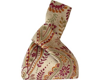 Classic Japanese Knot Bag, Vintage Paisley and floral Chenille, silk lined