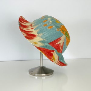 Bucket Hat, One of a Kind, Reversible, Linen Multicolored Ikat reverses to Cotton Stripe