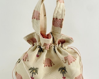 Vintage Brocade Drawstring Bag, elephants and palm trees