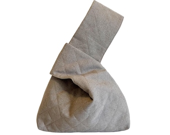 Classic Japanese Knot Bag, Gray Quilted Linen