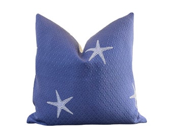 20" square blue matelasse pillow cover with starfish motif