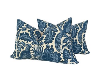 Set of two (2) 14" x 20" Lumbar Pillow Covers, Blue and Beige Floral