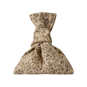 Japanese Knot Bag, Italian Linen and Cotton Blend, Leopard Print, Silk Lined