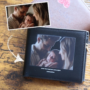 Personalized Men&#39;s Photo Wallet- Customized Name Engraved Wallet, Custom Vegan Leather Picture Wallet, Anniversary Gift, Father&#39;s Day Gifts