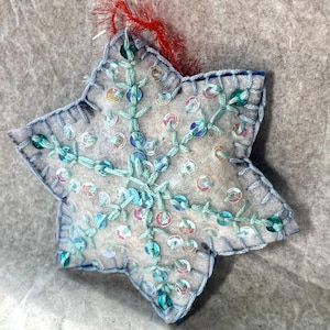 Handmade Felt Snowflake Ornament – Blue Sequin Holiday Decor – Soft Winter Christmas Decoration