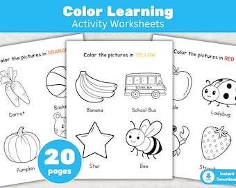 May include: Coloring activity worksheets for learning colors. The worksheets feature line drawings of a carrot, pumpkin, banana, school bus, star, bee, ladybug, and strawberry. The text on the worksheets says "Color the pictures in ORANGE", "YELLOW", and "RED".